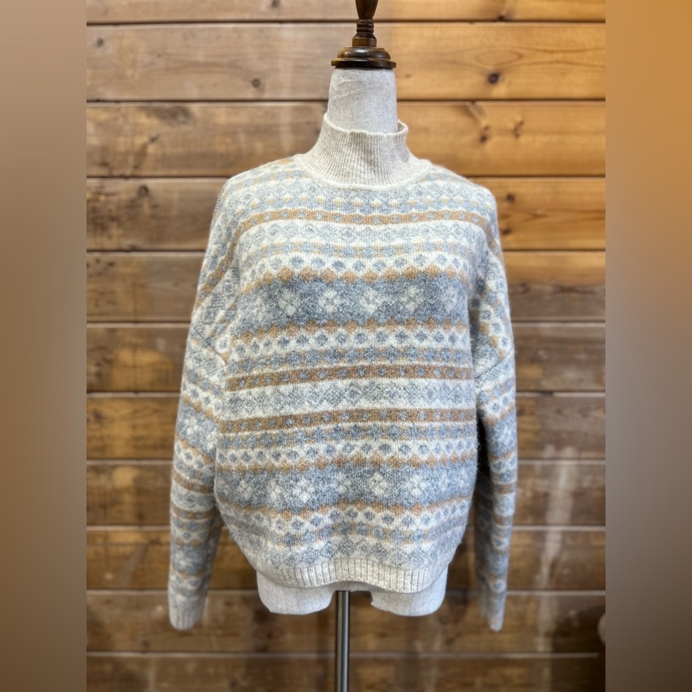 London Kaye Fair Isle Alpaca Blend Mock Neck Sweater XS Winter Knit Cream Blue